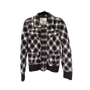 Vintage Y2K Fusion Denim Medium Mocha Brown Plaid Bomber Jacket Grunge Academia